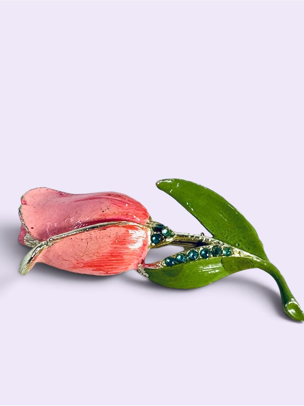 Pink Tulip Enamel Brooch with Green Leaves and Blue Sapphire colored Accents
